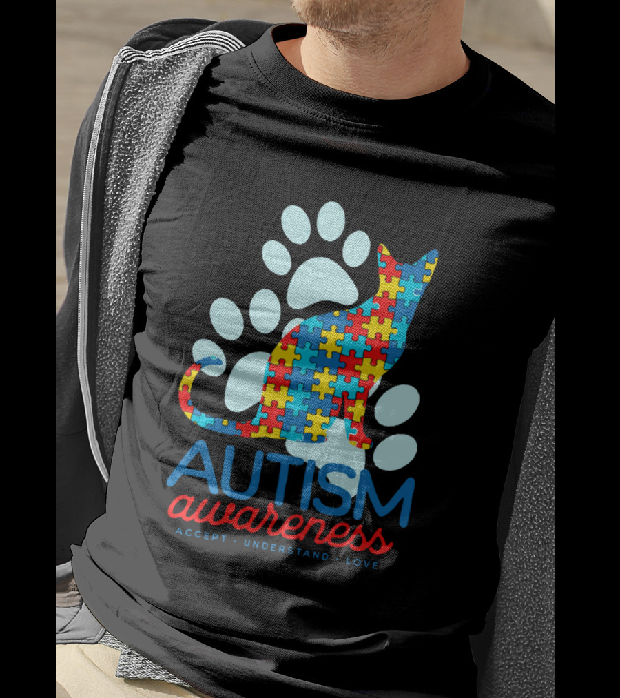 Autism Awareness Accept Understand Love Puzzle Cat Paw T-Shirt