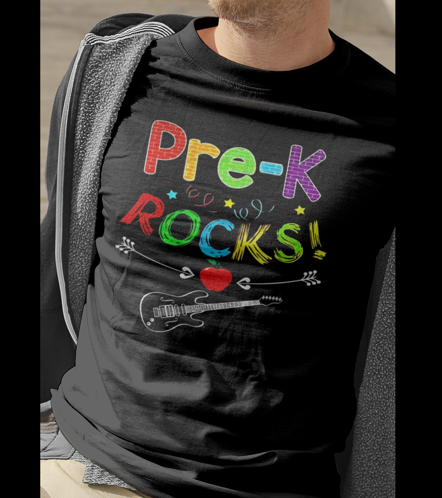 Pre-K Rocks Funny Kids Teachers Back To School With Guitar And Apple T-Shirt