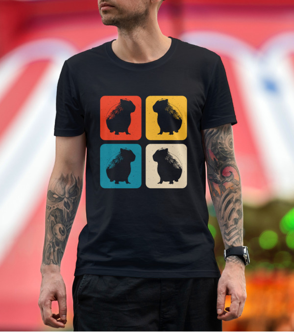 Premium T-Shirt: Vintage Capybara Pop Art Silhouette Four Colors Squares T-Shirt Vintage Capybara Pop Art Silhouette Four Colors Squares T-Shirt