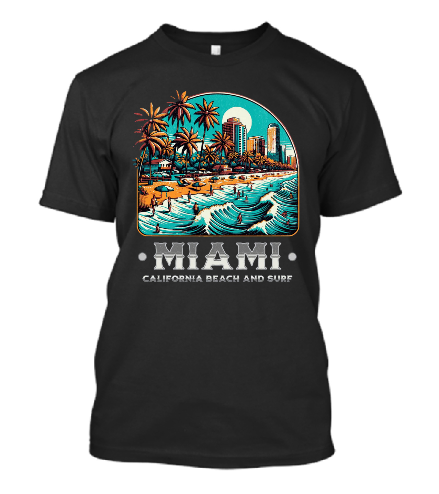 Miami Beach And Surf California Palm Skyline Ocean Waves T-Shirt