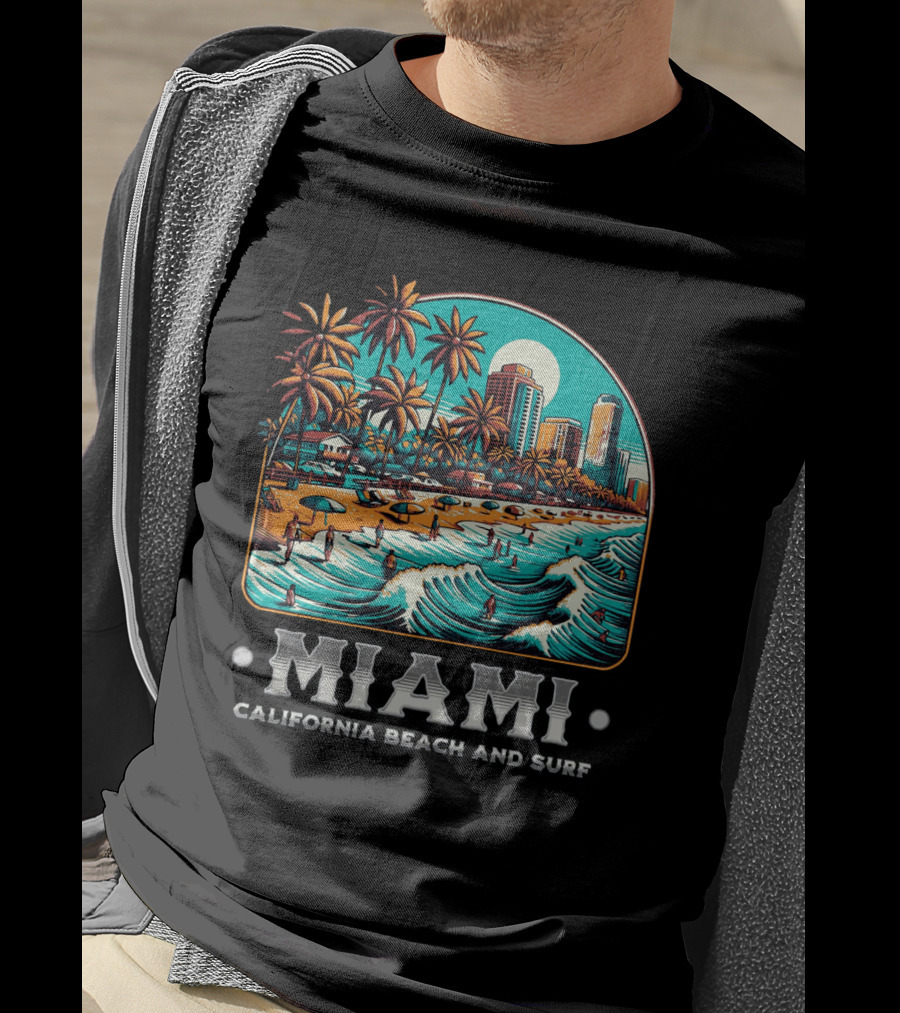 Miami Beach And Surf California Palm Skyline Ocean Waves T-Shirt