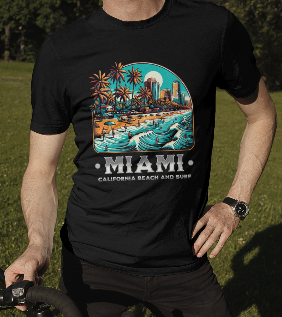Miami Beach And Surf California Palm Skyline Ocean Waves T-Shirt