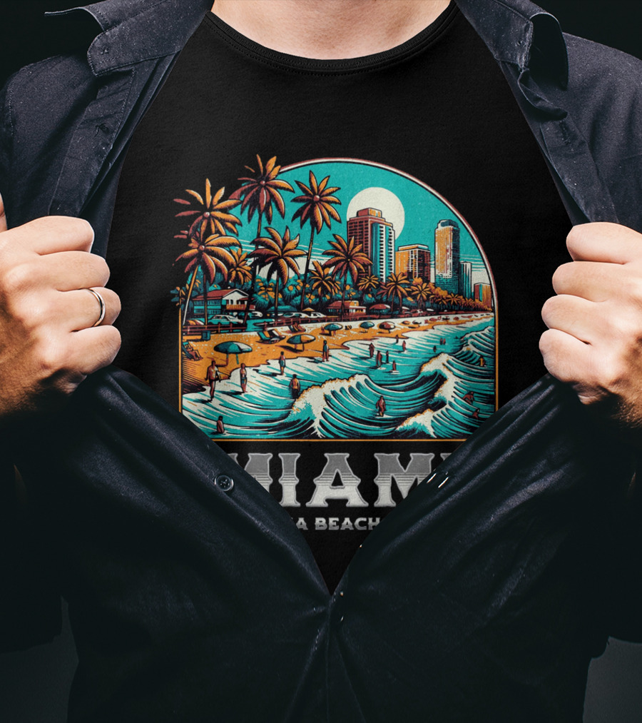 Miami Beach And Surf California Palm Skyline Ocean Waves T-Shirt