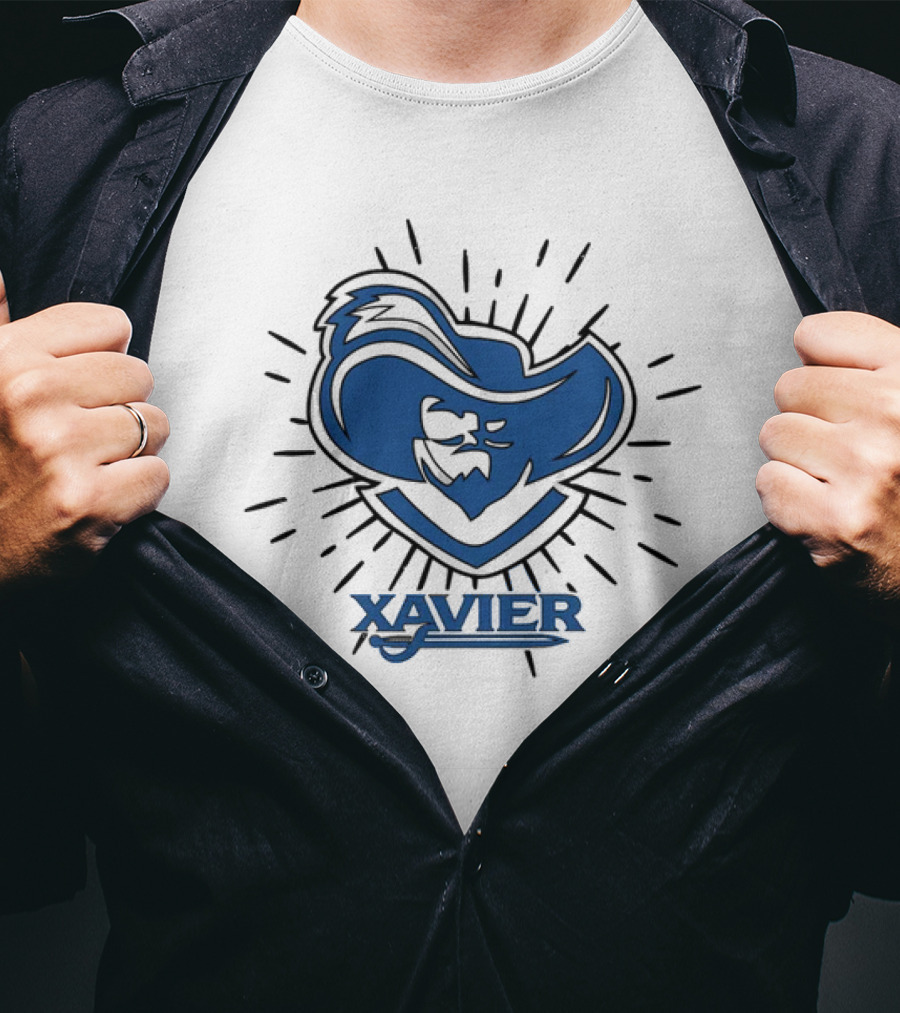 Xavier Musketeer Bold Blue Emblem With Radiating Lines T-Shirt