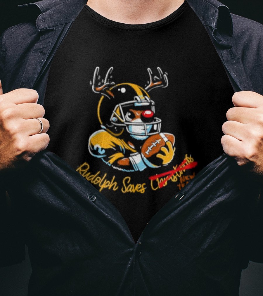 Rudolph Saves New Years Football Reindeer Helmets T-Shirt