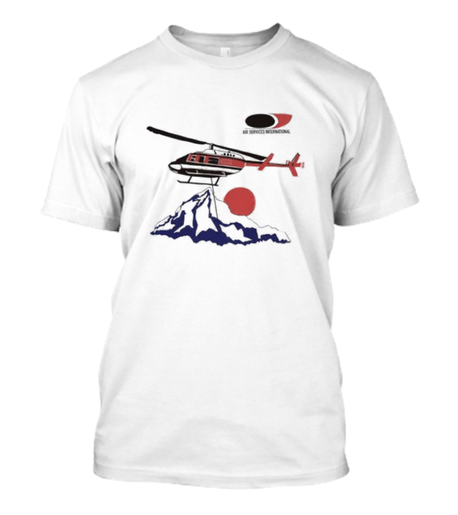 Air Services International Helicopter Over Mountain And Red Sun T-Shirt