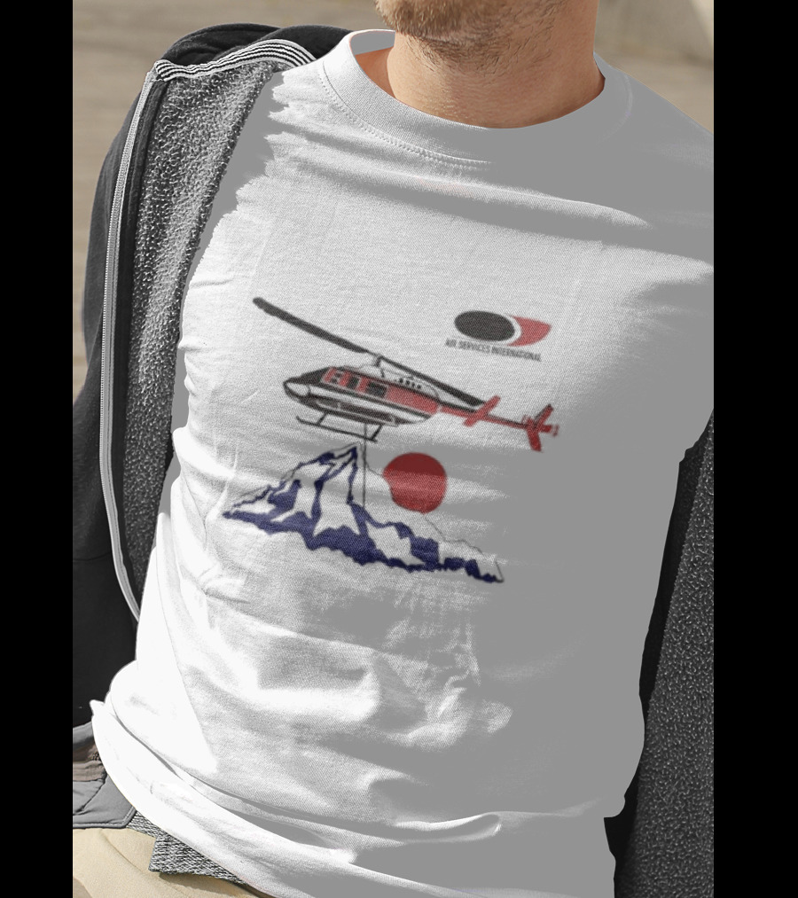 Air Services International Helicopter Over Mountain And Red Sun T-Shirt