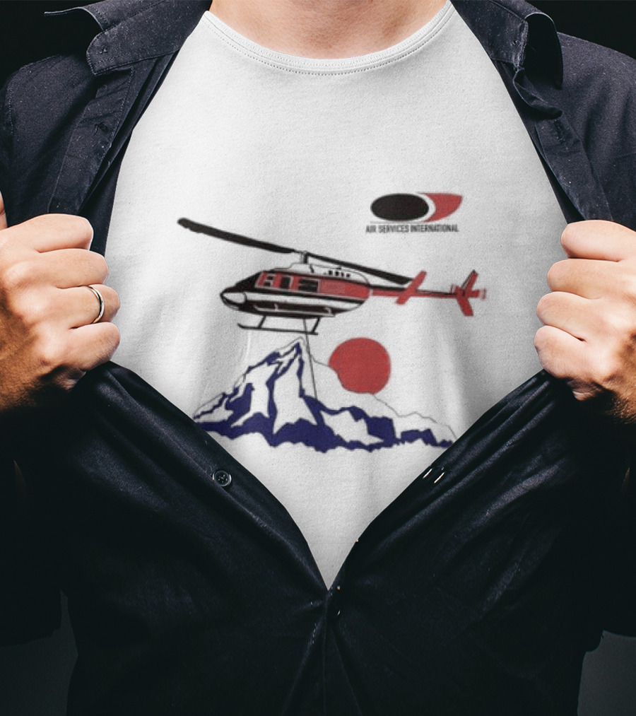 Air Services International Helicopter Over Mountain And Red Sun T-Shirt