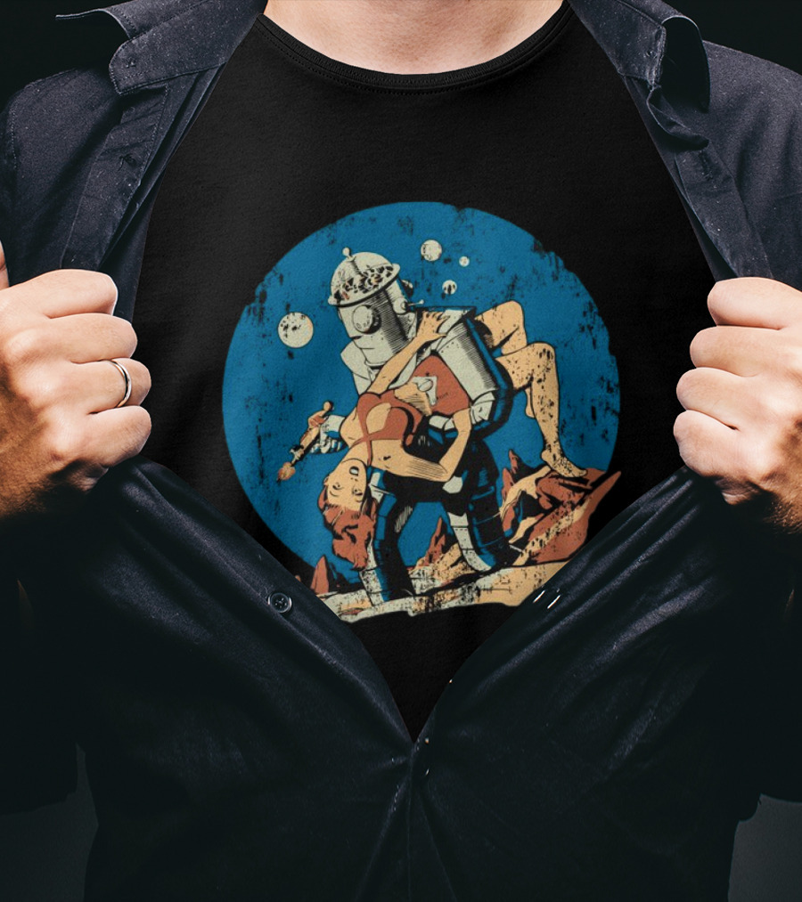 Damselindistress Retro Robot Romance Vintage Sci-Fi Space Adventure T-Shirt