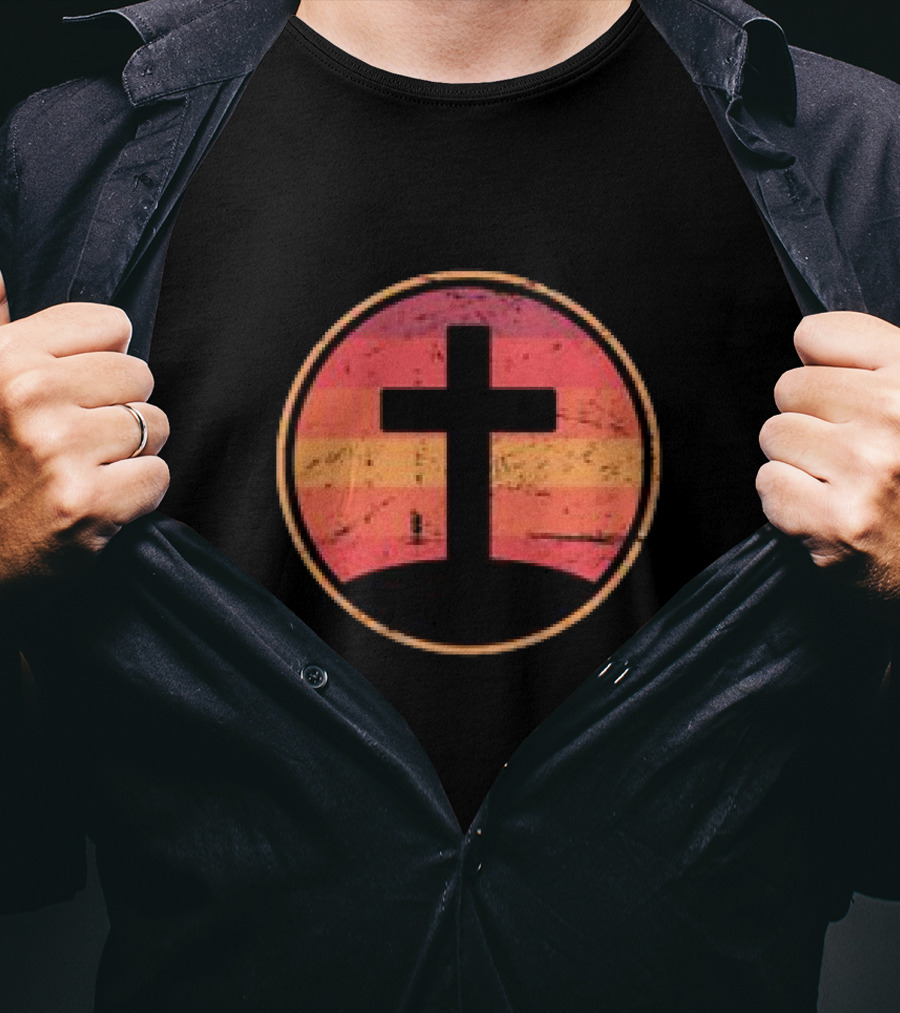 Retro Christian Cross Vintage Sunset On Champion T-Shirt