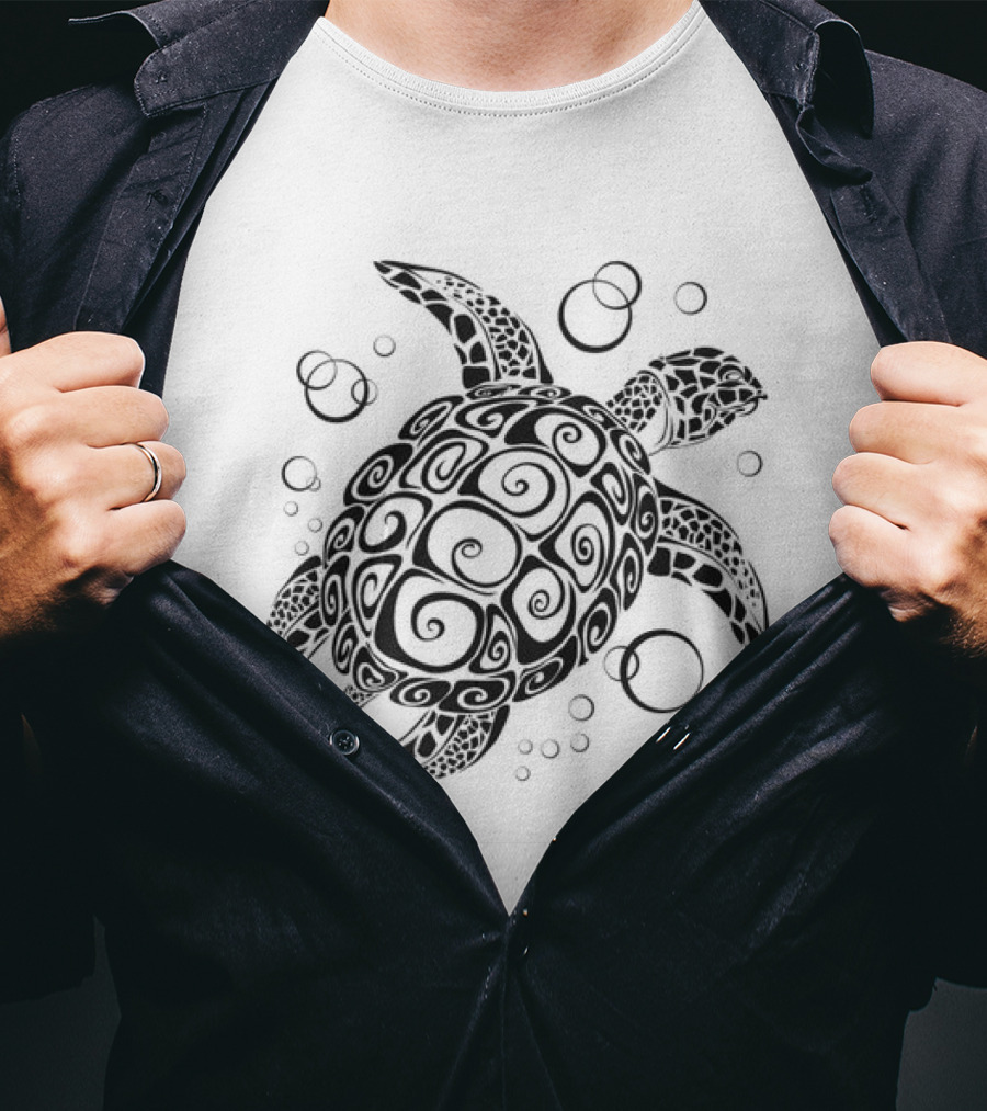 Sea Turtle Tribal Pattern With Bubbles T-Shirt