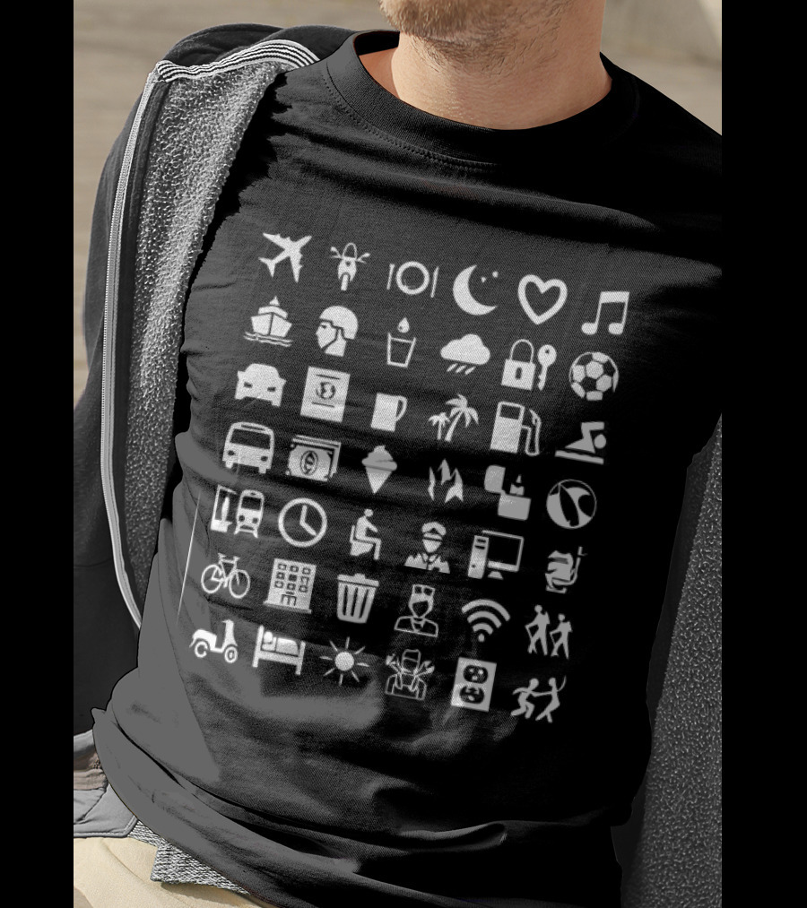 Symbol Travel Icons Airplane Music Bicycle Coffee Mug WiFi Soccer Bed Scooter Sun Plug Adventure T-Shirt