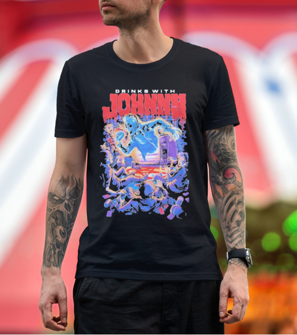 Premium T-Shirt: Drinks With Johnny The Summoning Skeleton Emerging from TV T-Shirt Drinks With Johnny The Summoning Skeleton Emerging from TV T-Shirt