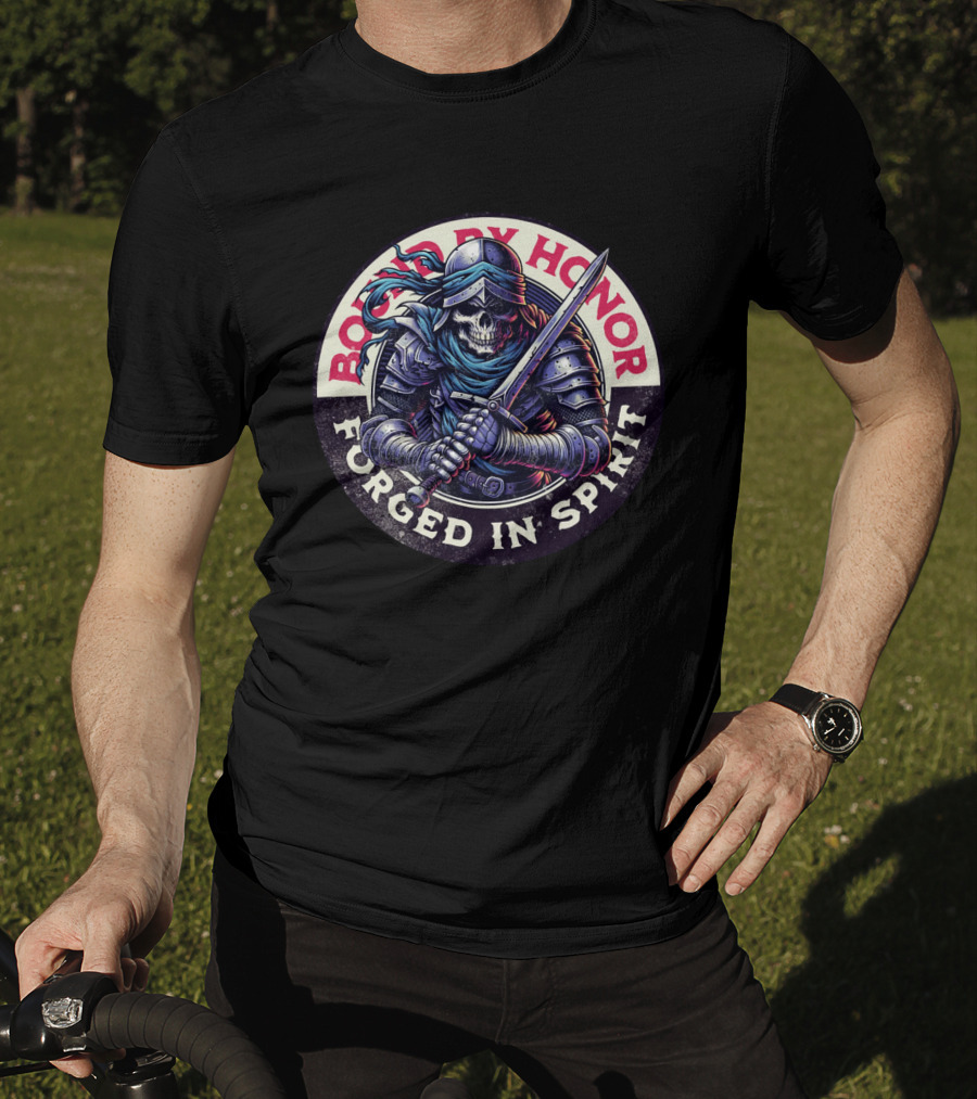 Bound By Honor Forged In Spirit Knight Skull With Sword T-Shirt
