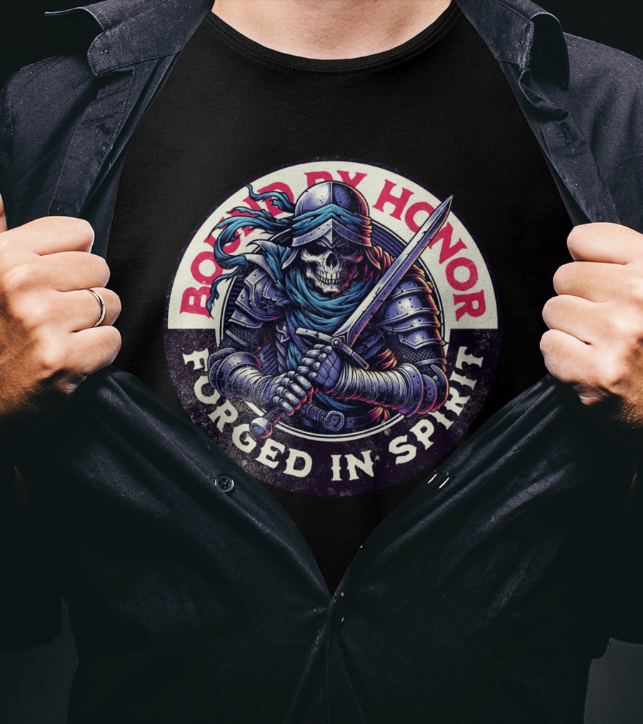 Bound By Honor Forged In Spirit Knight Skull With Sword T-Shirt