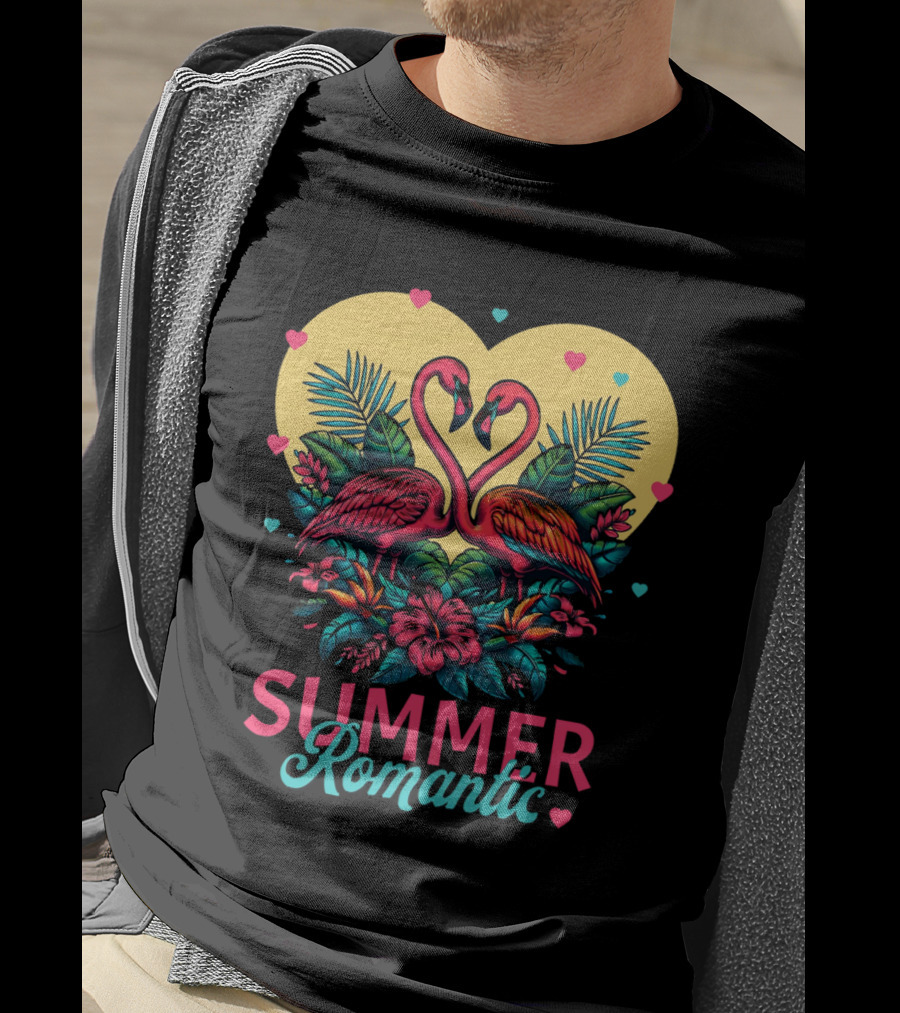 Summer Romantic Flamingo Birds Love Heart And Tropical Flowers T-Shirt