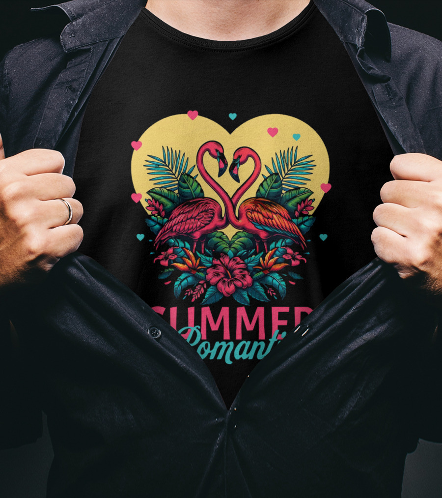 Summer Romantic Flamingo Birds Love Heart And Tropical Flowers T-Shirt