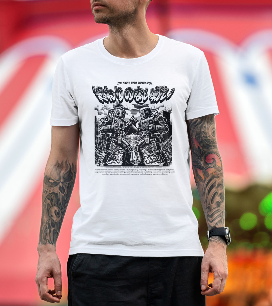 The Fight That Never Ends Retro Robot Battle T-Shirt