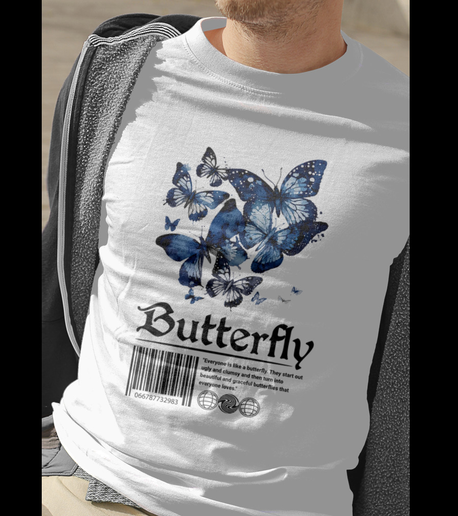 Butterfly Minimal Elegant Blue Watercolor Theme With Graceful Quote And Barcode T-Shirt