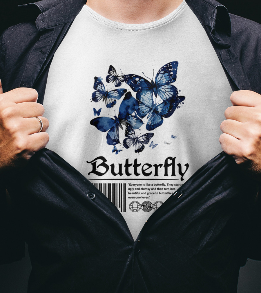 Butterfly Minimal Elegant Blue Watercolor Theme With Graceful Quote And Barcode T-Shirt