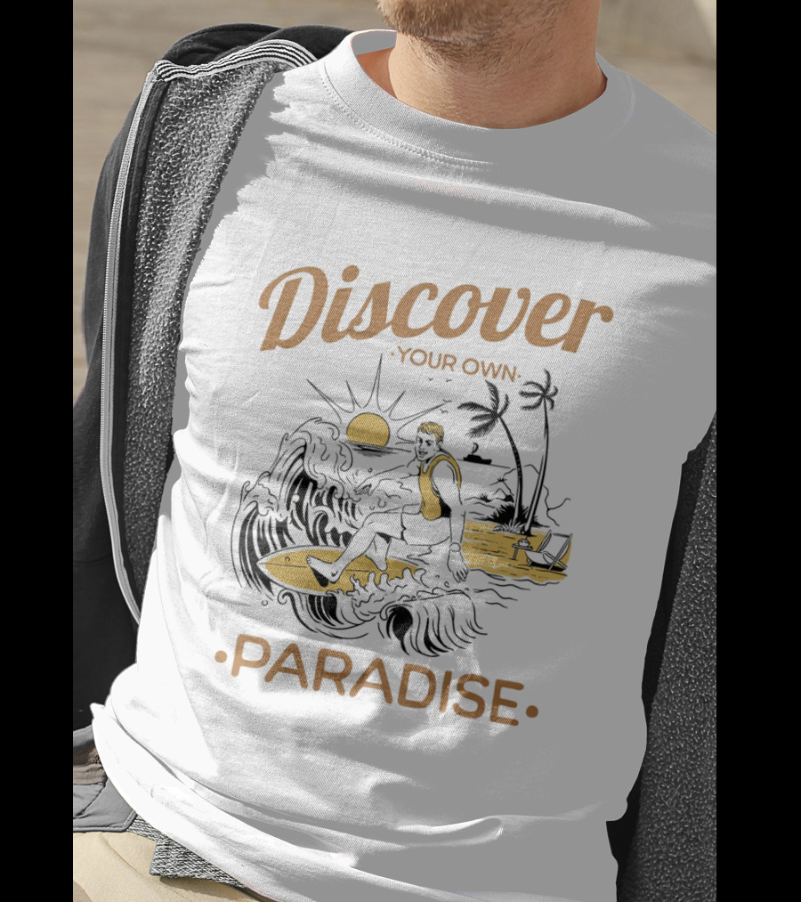 Discover Your Own Paradise Surfer Sunset Scene T-Shirt