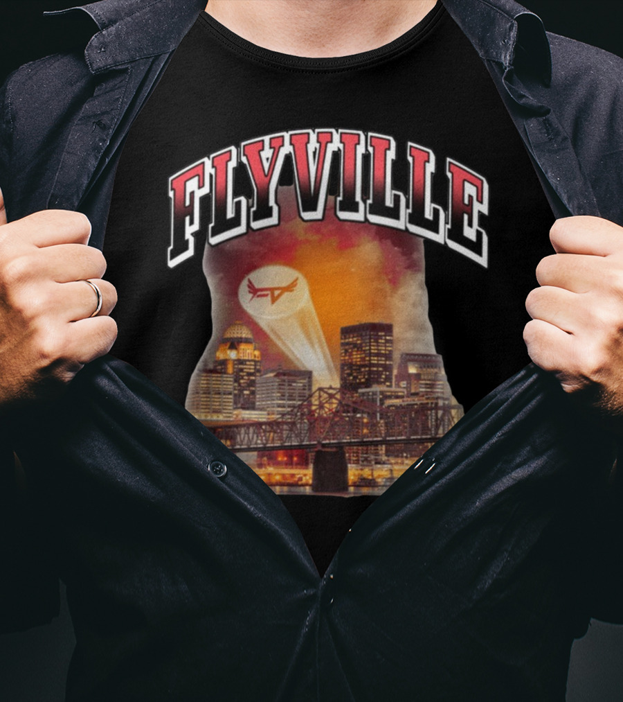 Flyville Skyline With Spotlight Logo Over City Bridge T-Shirt