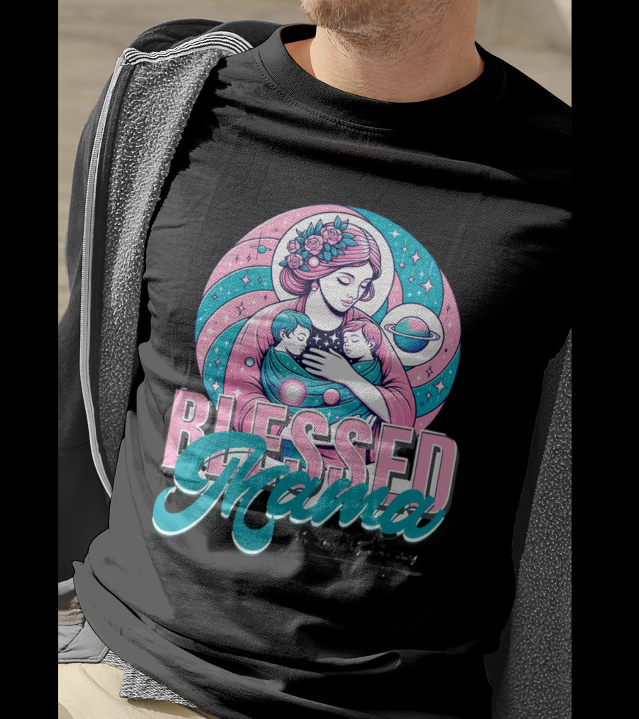 Blessed Mama Cosmic Mother With Children And Floral Halo T-Shirt