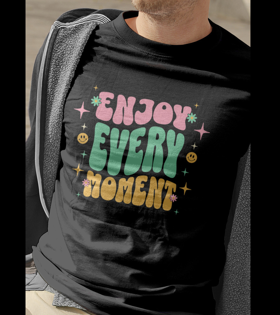 Enjoy Every Moment Retro Smiley Flowers And Stars T-Shirt