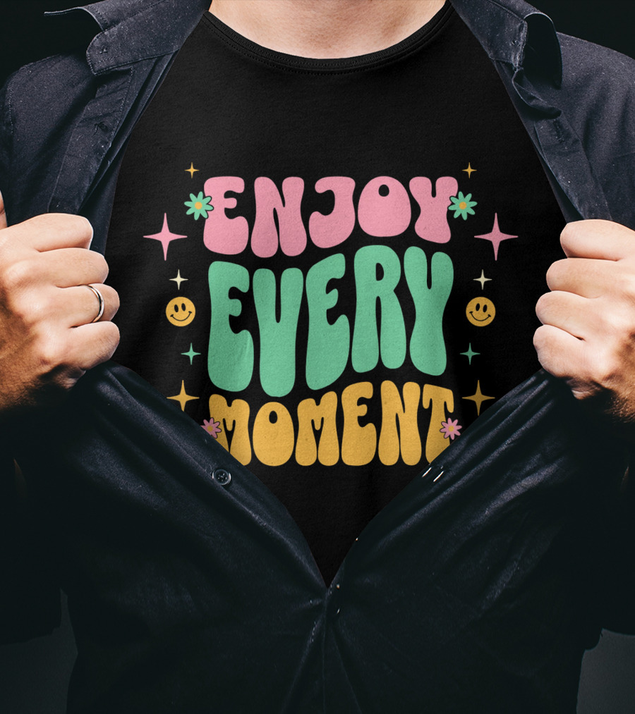 Enjoy Every Moment Retro Smiley Flowers And Stars T-Shirt