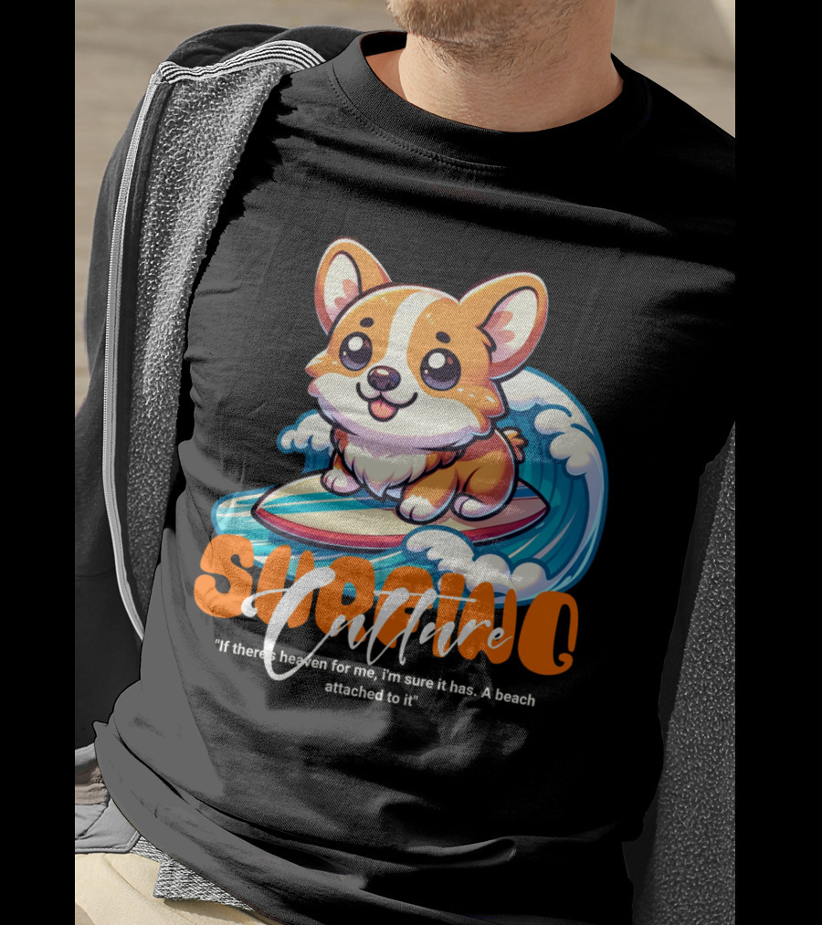 Surfing Culture Corgi On Surfboard With Wave T-Shirt