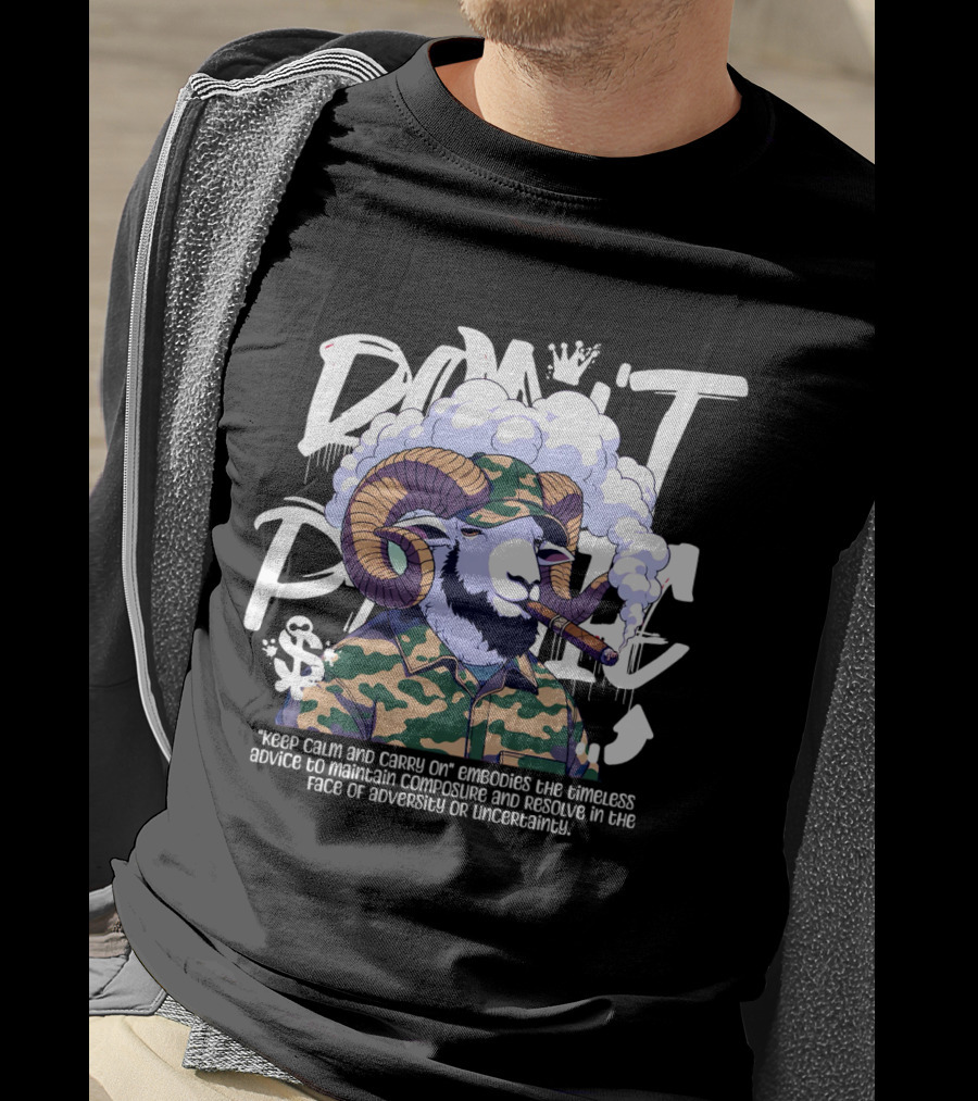 Don't Panic Keep Calm And Carry On Ram With Camo And Cigar T-Shirt