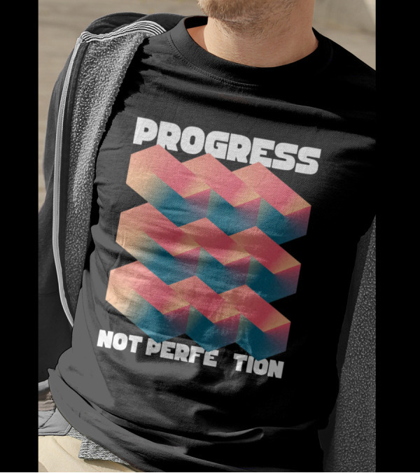 PROGRESS NOT PERFECTION Geometric Illusion 3D Blocks T-Shirt