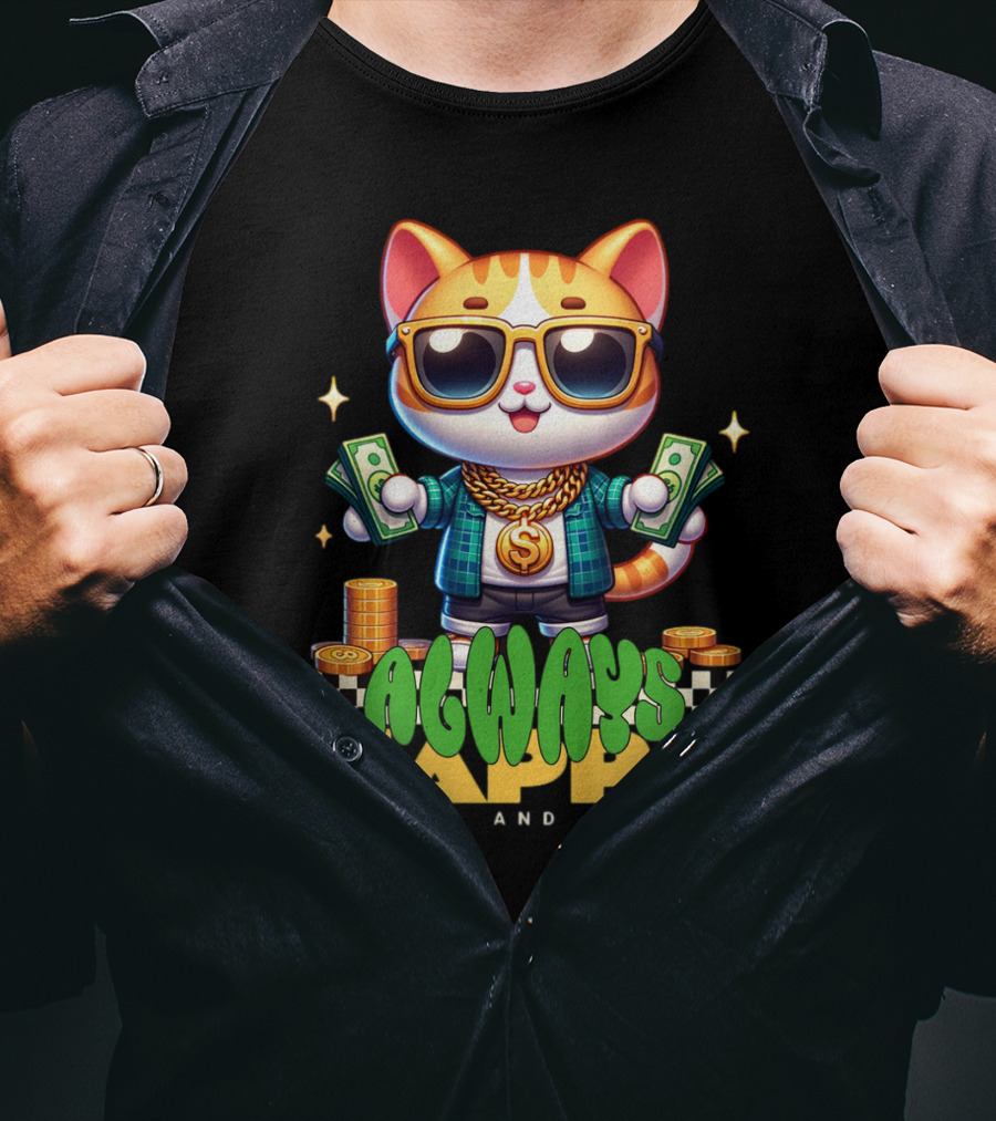 Always Happy Money And Fun Cool Cat With Sunglasses And Cash T-Shirt