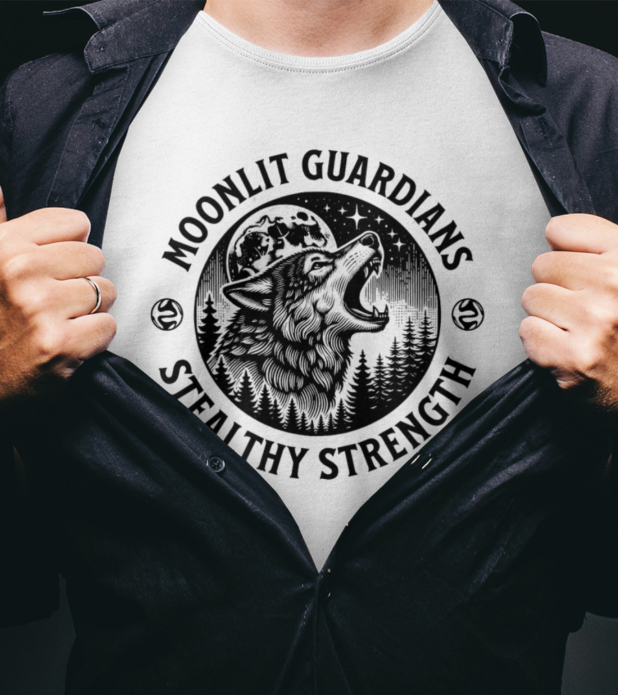Moonlit Guardians Stealthy Strength Wolf Under Moon And Stars T-Shirt