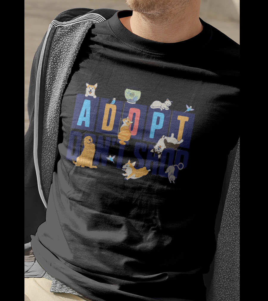 Adopt Don't Shop Cute Animal Design With Cats, Dogs, Fish, And Birds T-Shirt