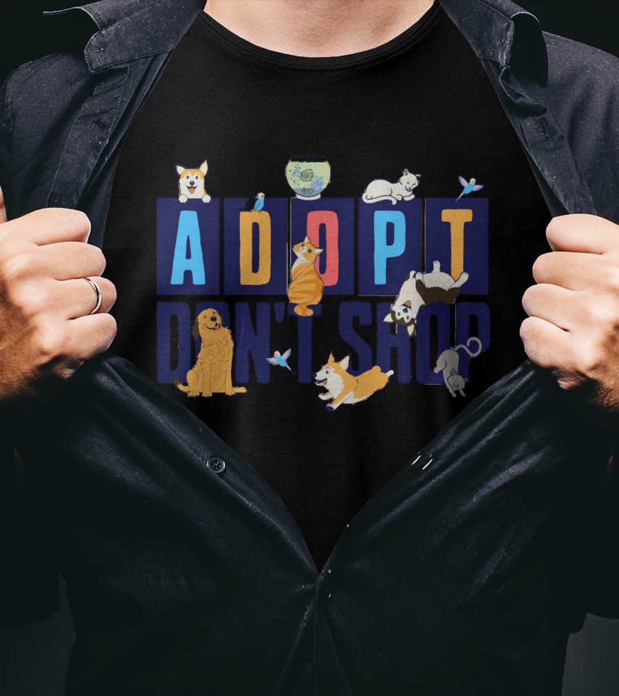 Adopt Don't Shop Cute Animal Design With Cats, Dogs, Fish, And Birds T-Shirt