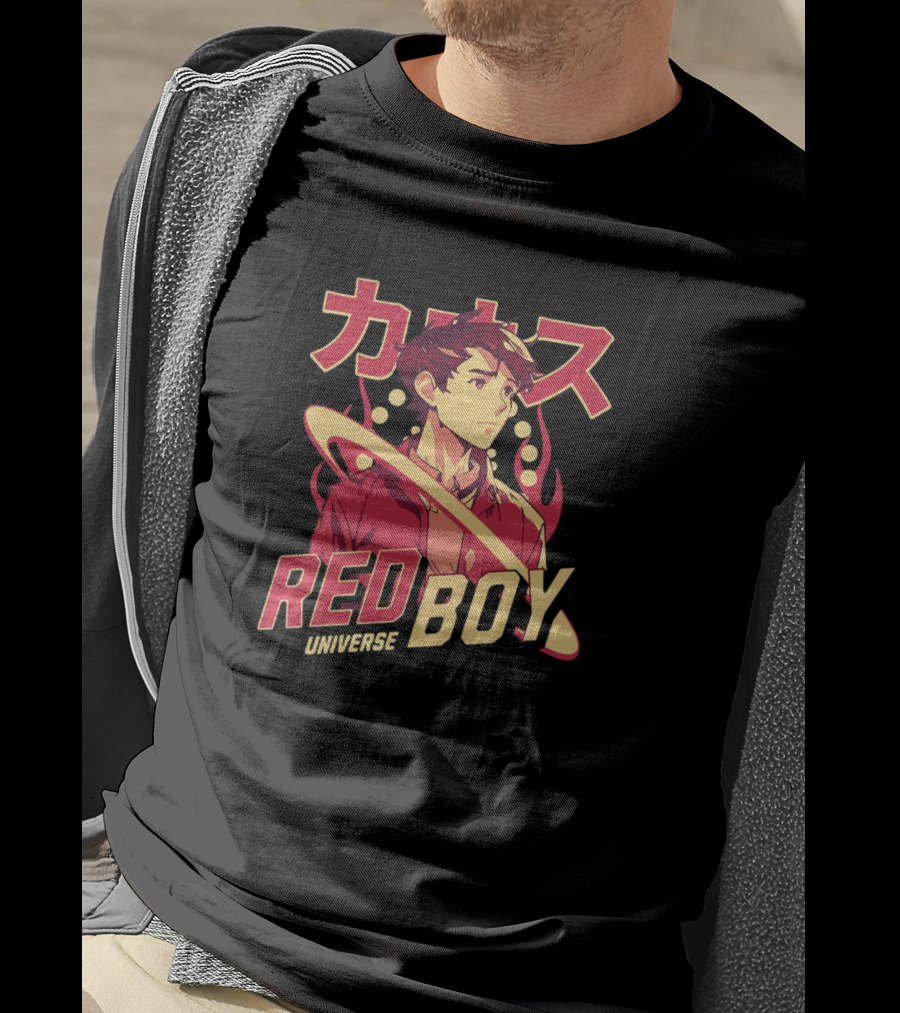 Red Boy Universe Anime Style Japanese Text Planet Ring T-Shirt