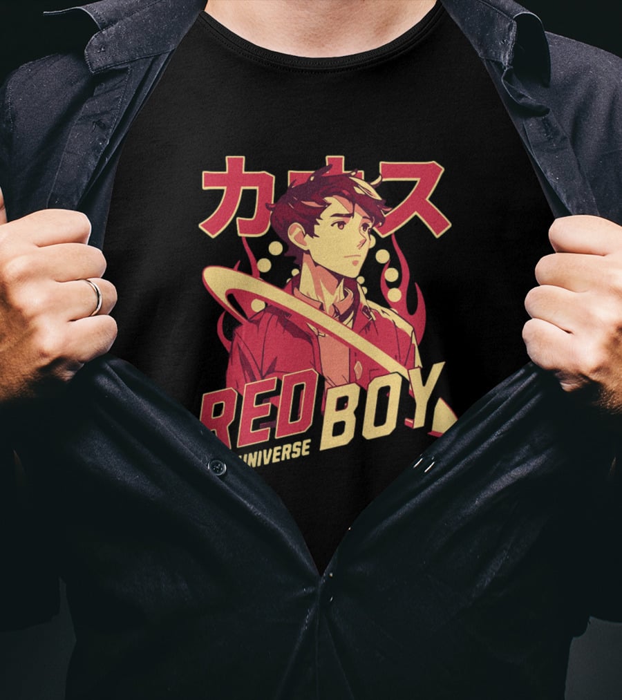 Red Boy Universe Anime Style Japanese Text Planet Ring T-Shirt