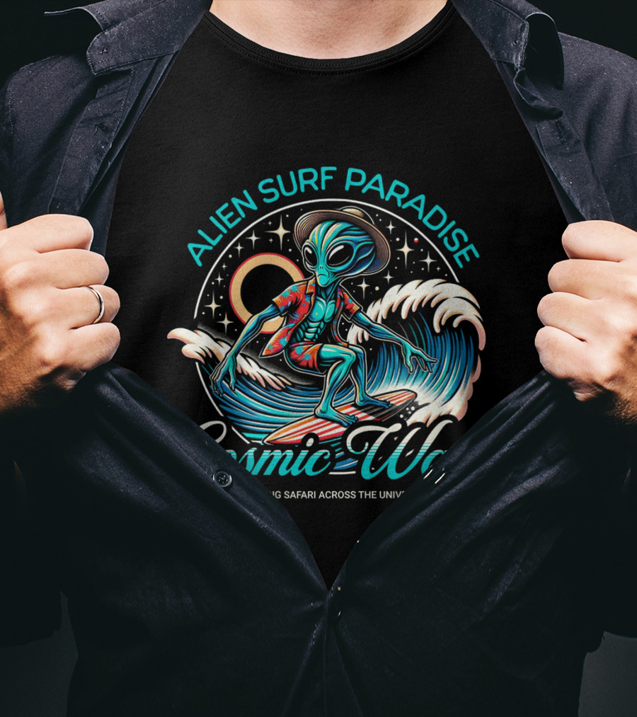Alien Surf Paradise Cosmic Wave Surfing Safari Across The Universe T-Shirt