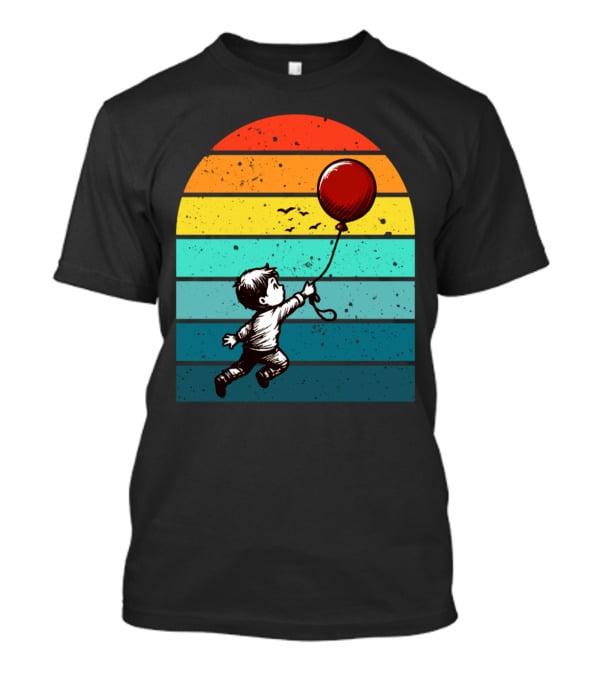 Boy Holding Red Balloon Retro Vintage Rainbow Stripes T-Shirt