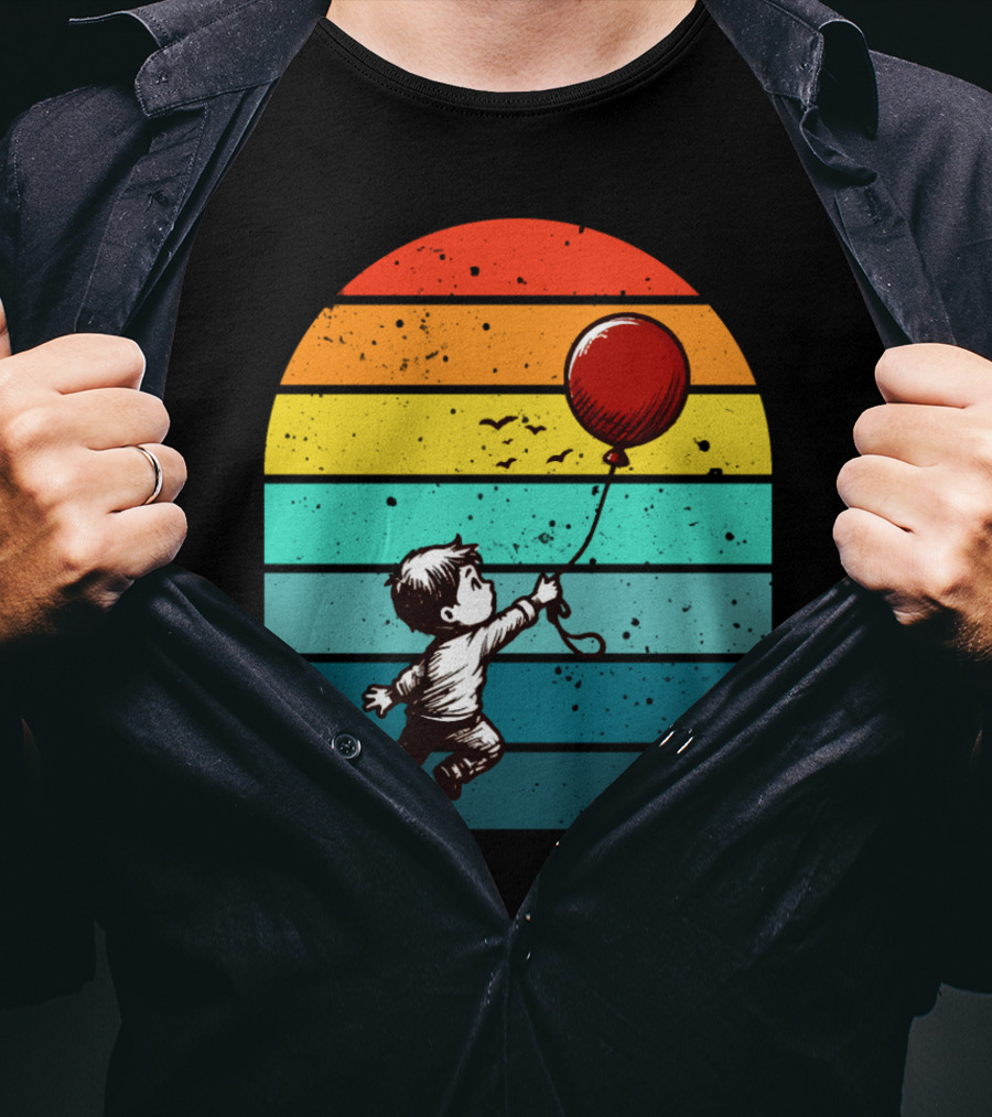 Boy Holding Red Balloon Retro Vintage Rainbow Stripes T-Shirt