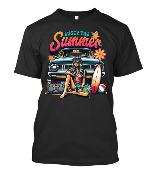 Enjoy The Summer Hippie Girl Surf Van Beach Vibes Vintage Boombox T-Shirt