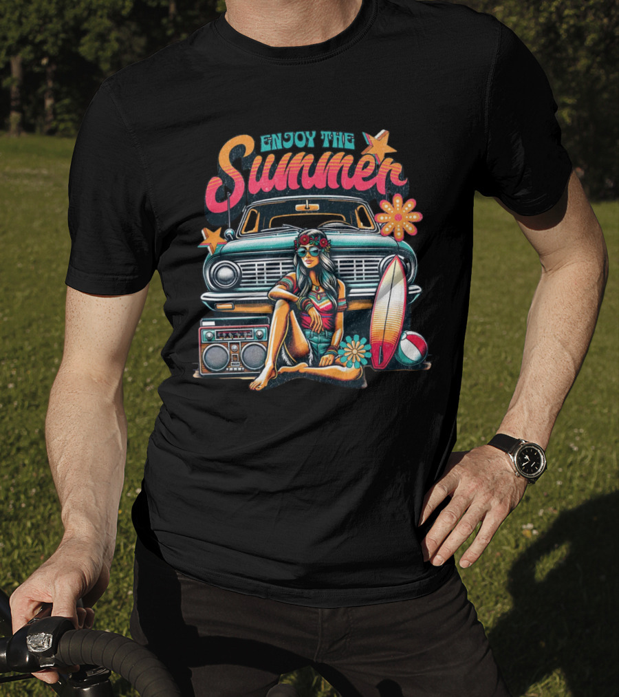 Enjoy The Summer Hippie Girl Surf Van Beach Vibes Vintage Boombox T-Shirt