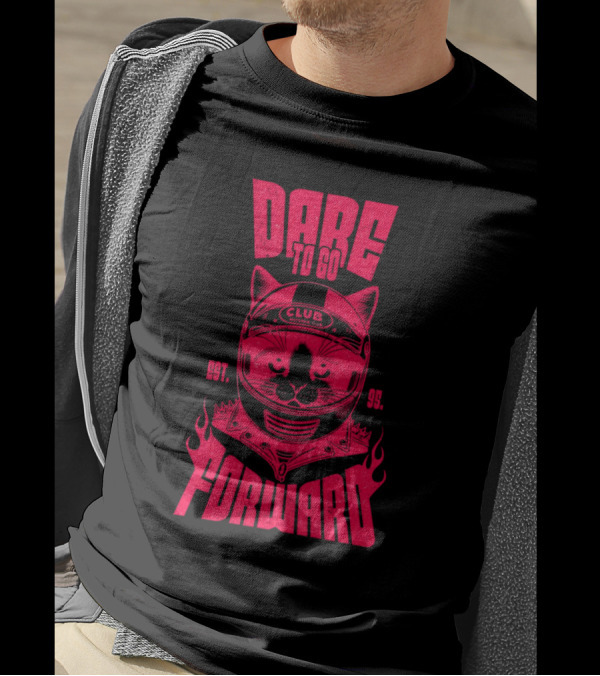 Dare To Go Forward Cat Club Est. 95 Helmet Flames T-Shirt