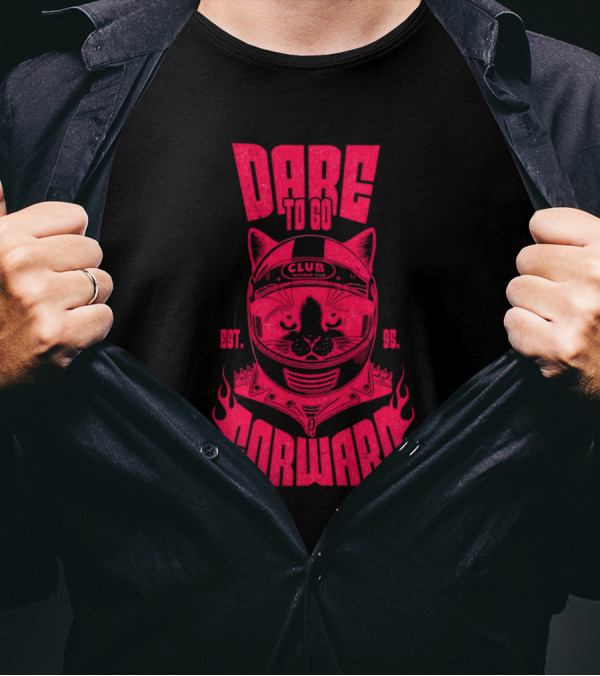 Dare To Go Forward Cat Club Est. 95 Helmet Flames T-Shirt