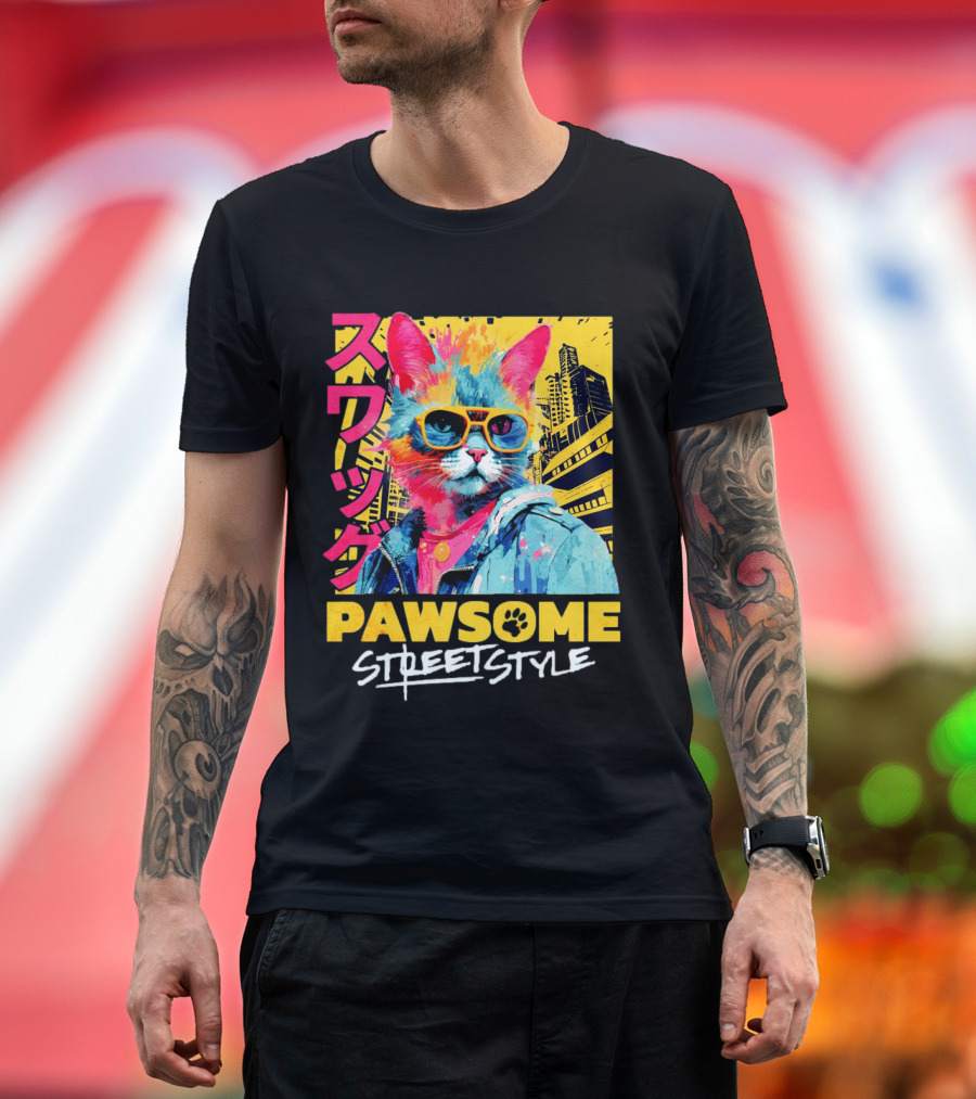 Pawsome Streetstyle Cat with Jacket and Sunglasses Urban Cityscape T-Shirt