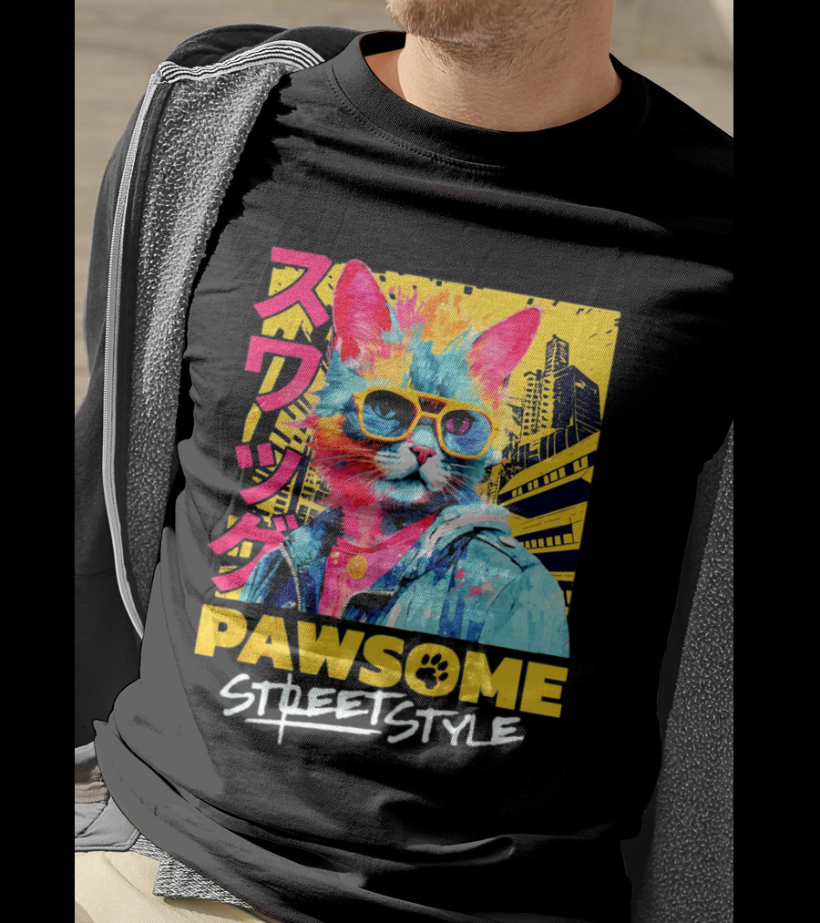 Pawsome Streetstyle Cat With Jacket And Sunglasses Urban Cityscape T-Shirt