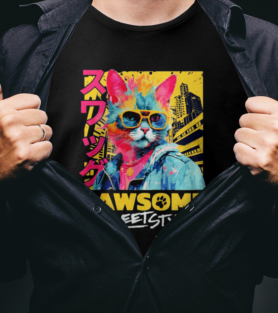Pawsome Streetstyle Cat With Jacket And Sunglasses Urban Cityscape T-Shirt