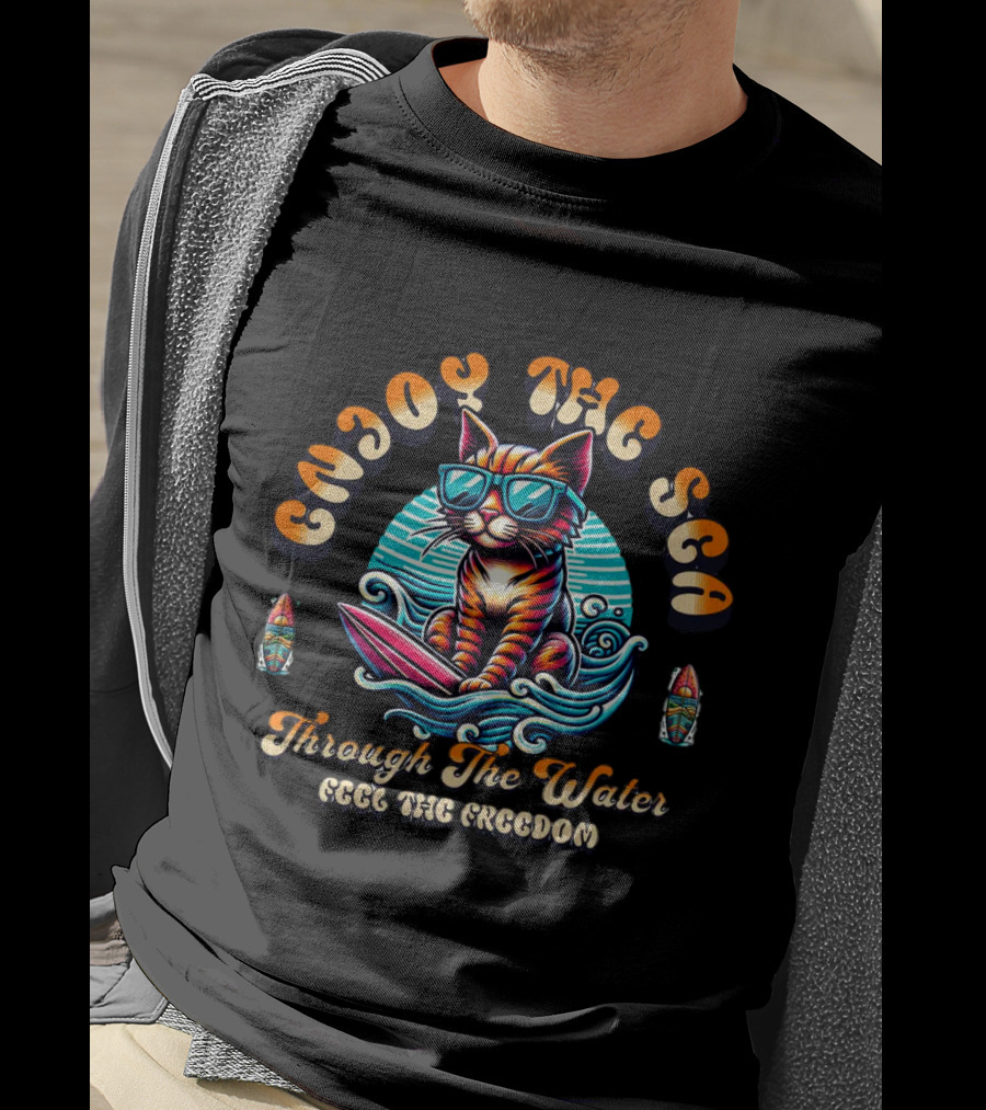 Enjoy The Sea Through The Water Feel The Freedom Retro Illustrative Surfing Cat T-Shirt