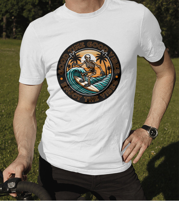 Good Time Good Vibes Enjoy The Vibes Surfer Skeleton Palm Trees Sunset Ocean Waves T-Shirt